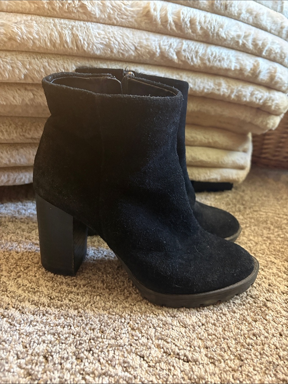 Black BCBG Suede Block Heel Ankle Boots